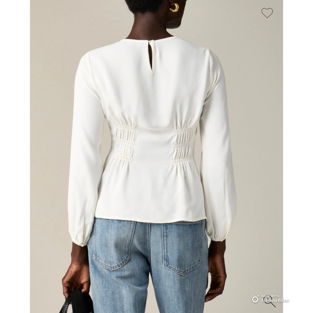 J Crew Size 8 Ivory Shirred Waist Blouse Top in Viscose Crepe Long Sleeve NWT - Picture 6 of 17